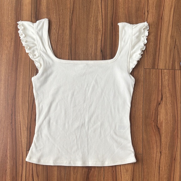 Cream Ruffled Sleeve Ribbed Top - Picture 1 of 5